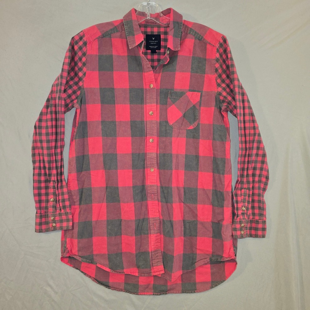 American Eagle Jegging Shirt Medium Womens Red Buffalo Plaid Flannel Button Up